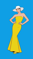 Fototapeta premium Elegant Female Model in Yellow Evening Gown and White Hat