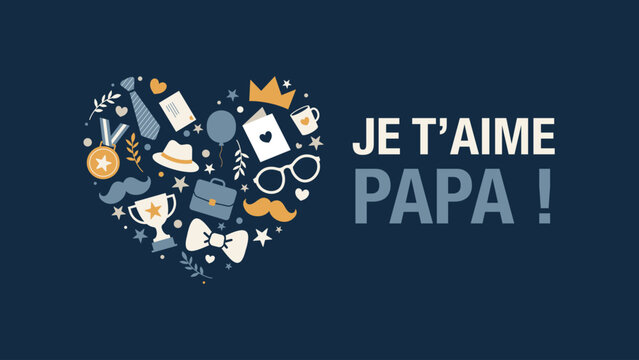 Carte pour la f&ecirc;te des p&egrave;res avec le message &ldquo;Je t&rsquo;aime papa&rdquo;, un c&oelig;ur compos&eacute; d&rsquo;ic&ocirc;nes masculines et un fond bleu &eacute;l&eacute;gant. Id&eacute;al pour carte, affiche, banni&egrave;re ou publication.