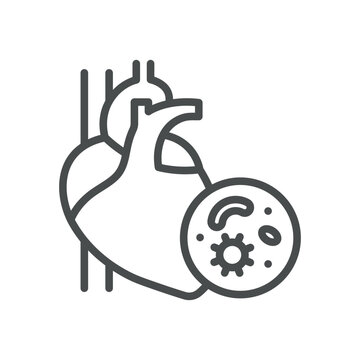 Endocarditis Icon. Cardiology Heart Infection Outline Line Symbol with Bacteria, Germ, Editable Stroke Vector Isolated on White Background