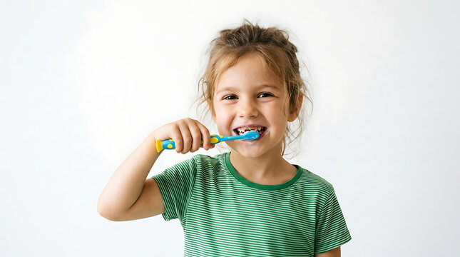 Young girl brushing teeth with colorful toothbrush in bathroom