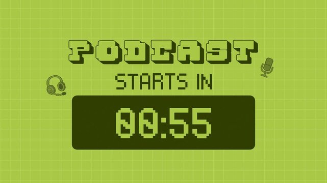 Animated Retro Pixel Art Podcast Countdown with Microphone and Headphones