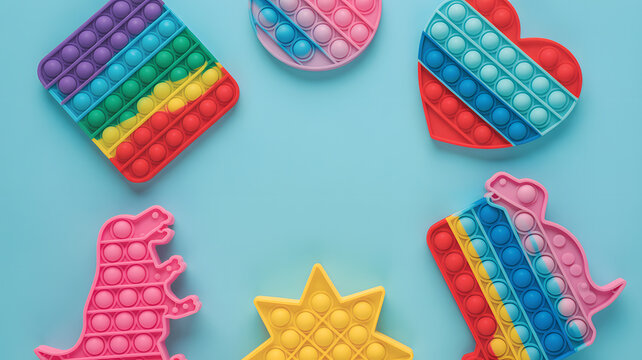 A colorful assortment of pop-it toys in various shapes and vibrant colors on a blue background