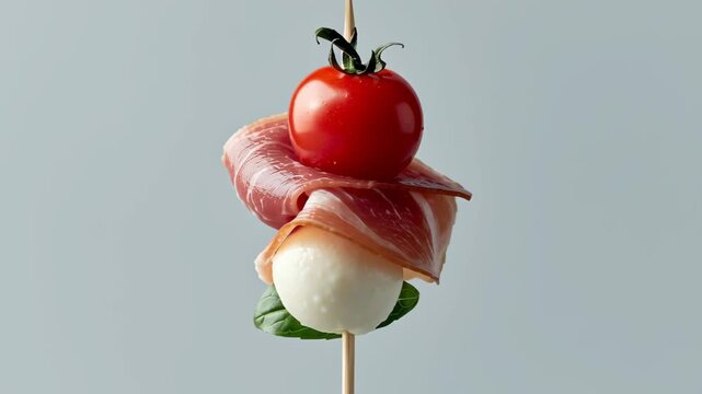 Skewered appetizer featuring fresh cherry tomato, mozzarella ball, and prosciutto slice, presented on a wooden stick against a light gray background