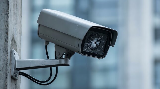 Damaged security camera on a pole with cracked lens, representing surveillance and security system issues, outdoors.