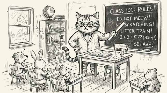 Vintage hand drawn cat teacher in classroom, funny animal school illustration with chalkboard rules, whimsical sketch of pets learning in class