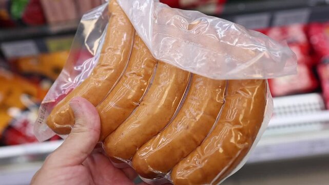 Customer holding a package of smoked sausages at a grocery store supermarket. Close-up of a hand showing vacuum-packed meat sausages on display in the food department. Stock video footage.