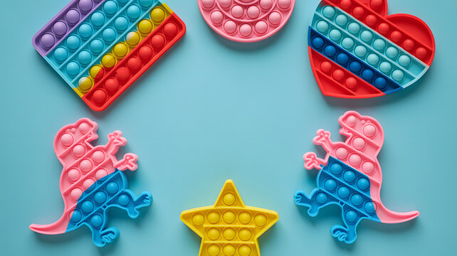 A colorful assortment of popit toys in various shapes and sizes on a blue background