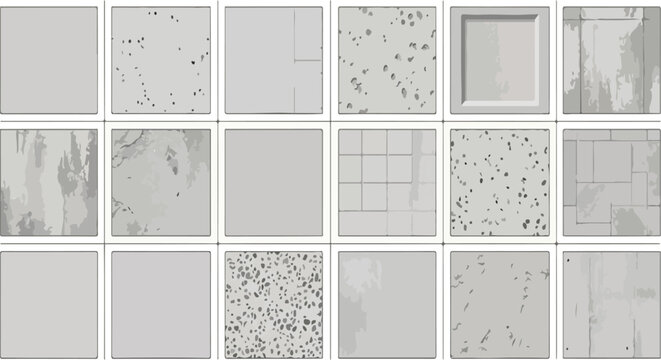 Industrial concrete texture set, 18 grey cement background swatches, minimalist stone and plaster surface patterns for architectural design