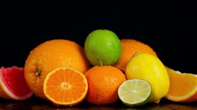 Composition of mixed citrus fruits including oranges lime and mandarins