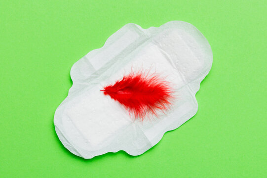 Women hygiene products or Sanitary pad with red feather on colored background. Pastel color. Closeup. Empty place for text. Female daily hygiene