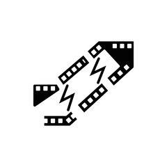 Fototapeta premium Black and white icon of two film strips with lightning bolts between them, representing video editing or fast film processing