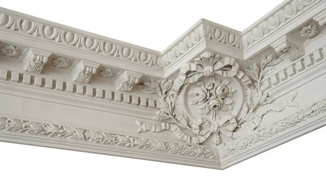 Classical white plaster crown molding, ornate architectural ceiling cornices with floral carvings, vintage interior decorative gypsum trim