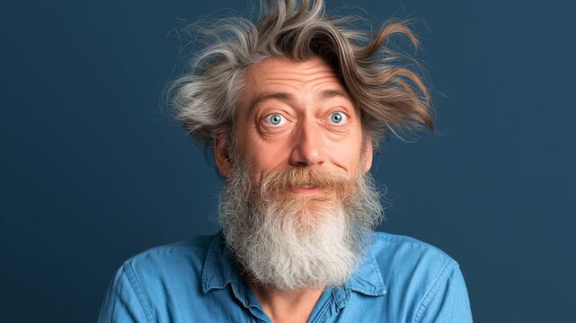 Caucasian male with long gray hair and beard expresses surprise with wide eyes and tousled hair against a solid blue background in a series of three connected frames