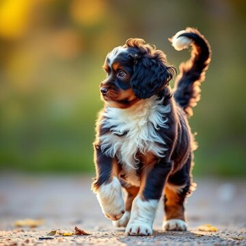 Bernedoodle puppy's curly tail wagging in mid-air, tail, curly