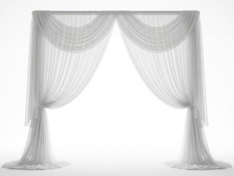 Elegant white wedding canopy with sheer fabric drapes and intricate designs