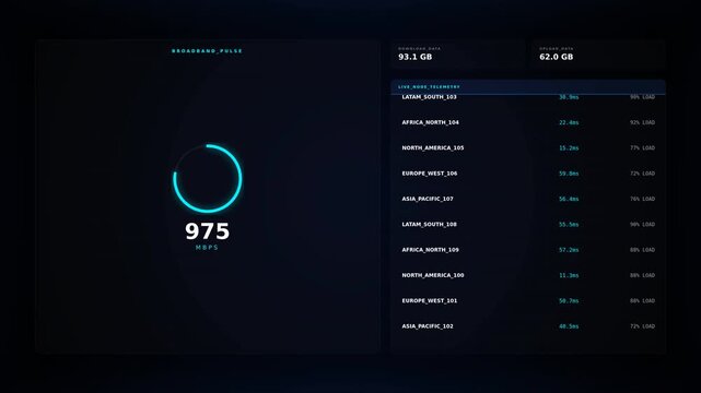 Digital dashboard displaying data analytics with a dark background, circular progress indicator, and a detailed right panel with multiple metrics