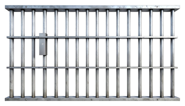 Close-up of a sturdy, metallic barrier with vertical bars. The textured bars are secured by horizontal supports and a locking mechanism