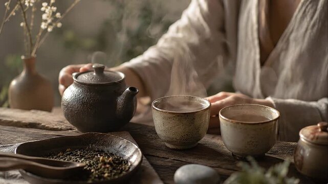 Mindful tea ritual steaming cup rustic ceramic teapot and artisanal ceramic teacup mindful consumption calm slow living tea ceremony steaming cup