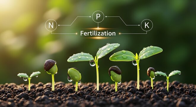 Sprouts growing in soil with NPK fertilization icons and water droplets. Agricultural science and plant nutrition. Seedlings receiving nutrients for healthy crop development