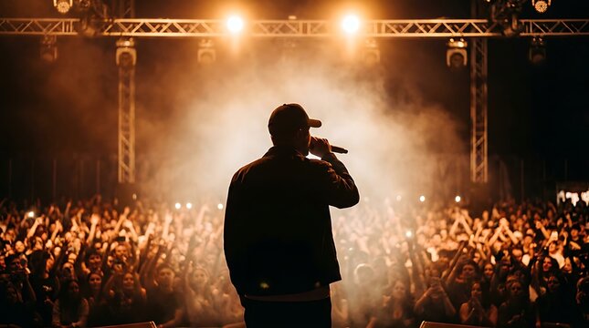 Performer on stage with microphone in front of cheering crowd illuminated by stage lights and smoke, energizing concert atmosphere, capturing moment of live music performance.