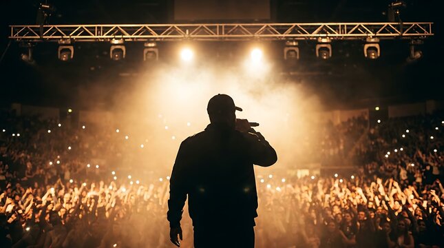 Concert performer on stage, silhouette of rapper with microphone, illuminated by stage lights in front of cheering crowd holding up lights at night music event.