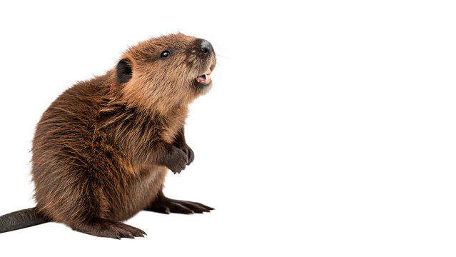 A wild brown beaver rodent mammal sitting and chewing gnawing on a piece of wood isolated on transparent background
