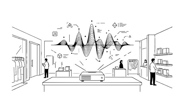 Digital projector displaying market data analytics in retail store