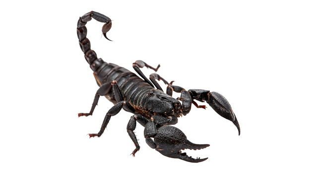A dangerous wild black scorpion arachnid insect animal crawling with a raised stinger tail isolated on transparent background
