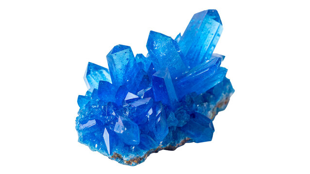 A beautiful raw cluster of bright blue chalcanthite copper sulfate mineral crystals texture object isolated on transparent background