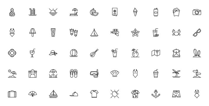 Summer icon set. Minimal vector icons pack. Featuring pineapple, swimming pool, sunset, ice cream, beach ball, surfboard, palm tree, cocktail, bikini, and more.