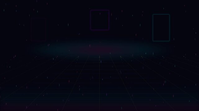 Minimalist blue and red rectangle outline frames on a dark empty background