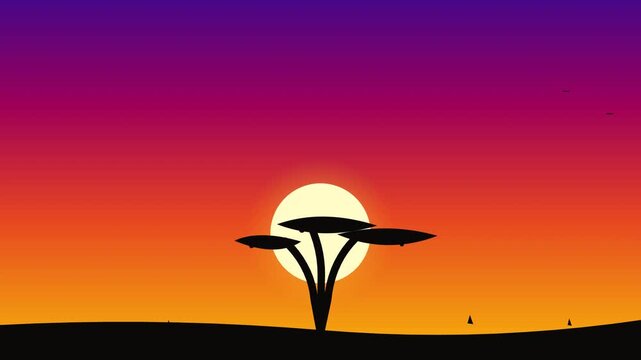 Acacia Tree Silhouette Swaying On Sunset Background