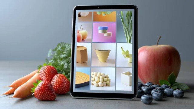 Colorful tablet displaying various fruits and vegetables alongside fresh produce on a wooden table, showcasing vibrant food items in a visually appealing arrangement