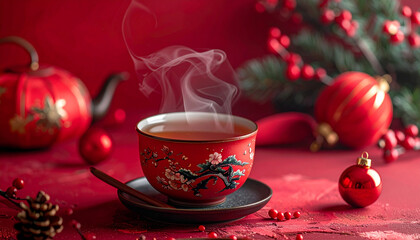 Fototapeta premium Steaming tea cup with decorative ornaments