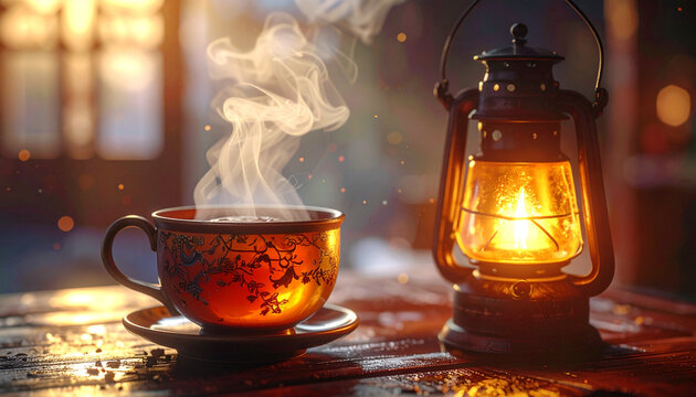 Steaming cup beside lit lantern