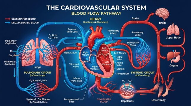 Human Cardiovascular System Anatomy Infographic with Blood Flow Pathways and Medical Details