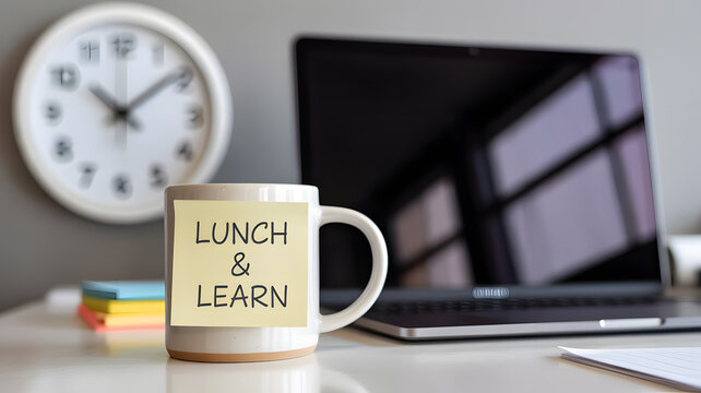 A white coffee mug with a lunch and learn note on a desk with a laptop and clock