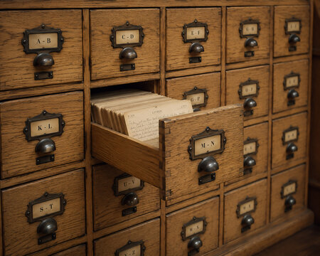 Vintage Wooden Library Card Catalog Drawer with Archive Index Cards