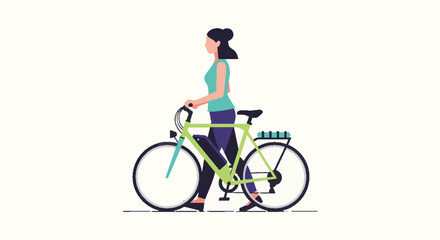 Fototapeta premium Woman walking with a bicycle, a minimalist vector illustration depicting a healthy urban lifestyle, eco-friendly transportation, and daily commute.