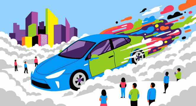 Dynamic illustration of a modern hybrid or electric car speeding through abstract clouds, leaving a colorful trail, observed by people in a vibrant city.