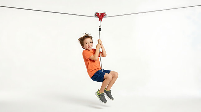 A boy rides a zipline with excitement in an outdoor adventure setting.