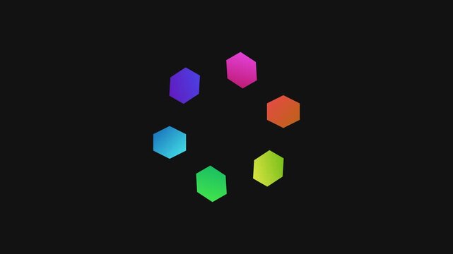A circular arrangement of vibrant gradient hexagons on a solid black background