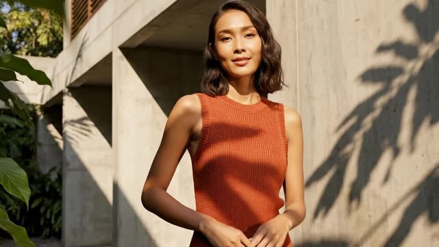 Sunlit hot thai women inspired outdoor fashion portrait with rust knit dress, modern concrete wall, tropical leaf shadows, natural smile, relaxed elegant resort lifestyle mood, chic summer calm
