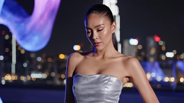 Futuristic hot thai women inspired rooftop night portrait with silver strapless dress, blue sculptural light, skyline bokeh, sleek ponytail, cinematic urban glamour style, luxury after dark fashion