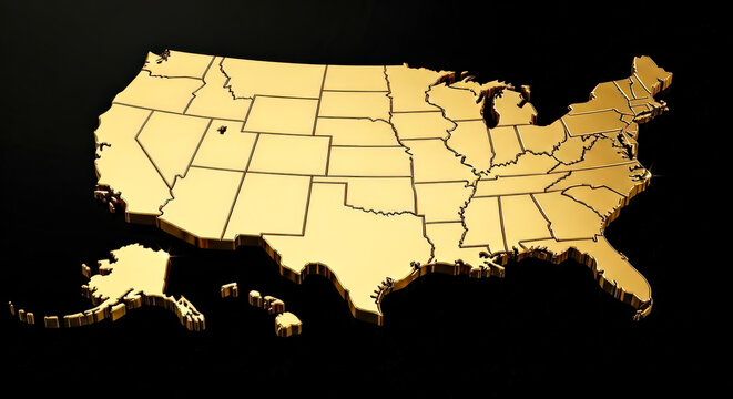 Three Dimensional Golden Map of the United States on Black Background