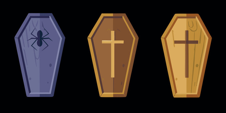 stylized coffins with halloween decorations vector illustration isolated on black