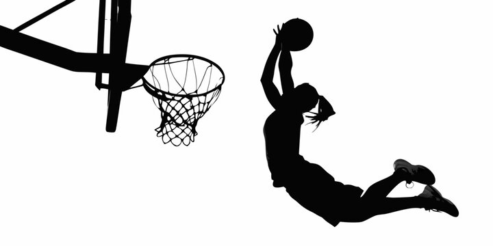basketball player silhouette performing a dunk against a white background