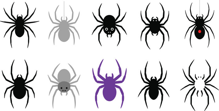 Spooky Spider Silhouette and Icon Vector Illustration Set with Black Widows and Creepy Hanging Bugs for Halloween Graphic Designs
