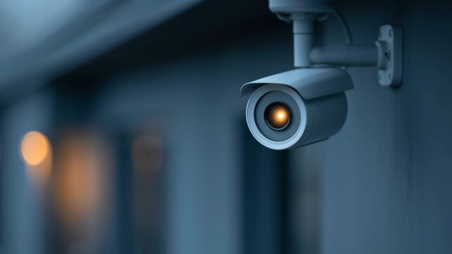 Security camera mounted on a wall captures the evening ambiance with soft lighting, showcasing the lens and surrounding architectural details in a residential area