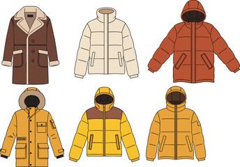 Winter Jacket and Coat Vector Illustration Set with Puffer Jackets Parkas and Warm Outerwear Apparel Elements for Fashion Graphic Designs © MstAlif